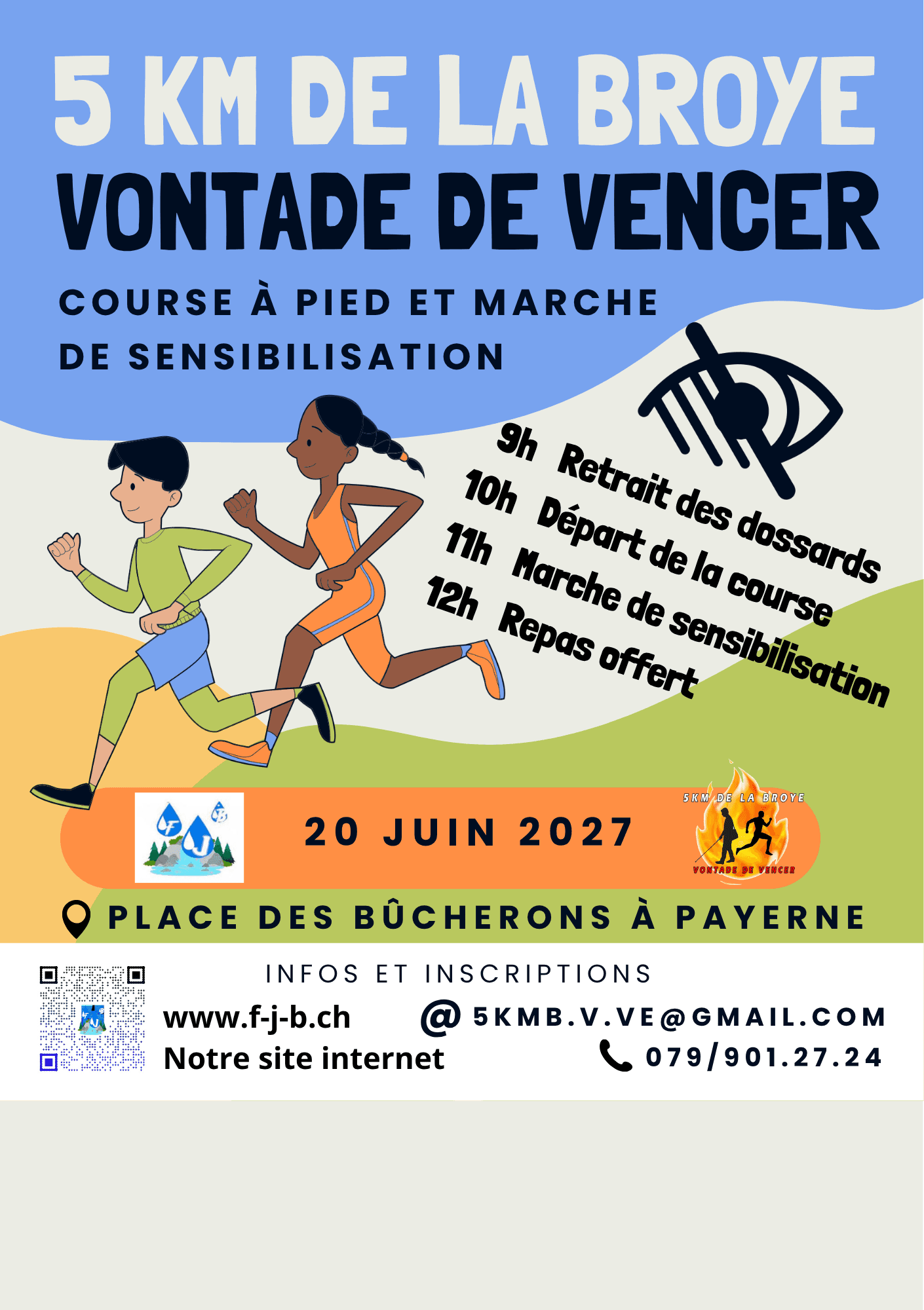 Affiche officielle du 5 km de la Broye et Vontade de Vencer 2026 : course à pied et marche de sensibilisation, dimanche 21 juin 2026, Place des bûcherons à Payerne. Programme de la journée, contact f-j-b.ch.